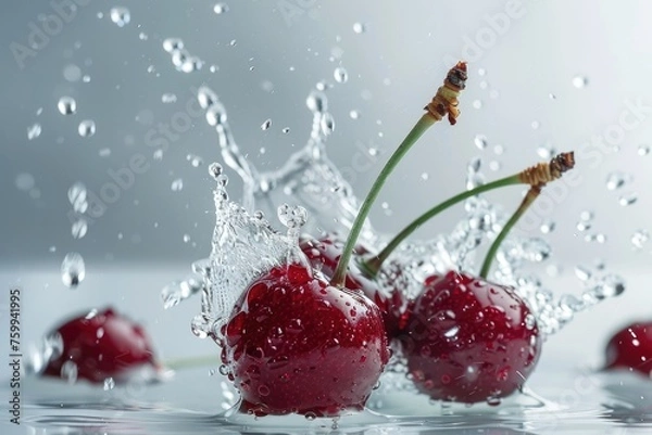 Fototapeta Cherries with water splashes and drops on a white background