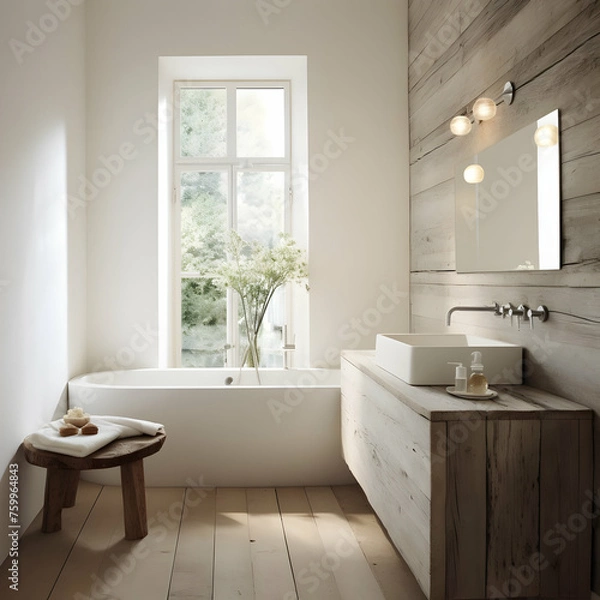 Obraz White bathroom design, modern interior, with wood, generative ai