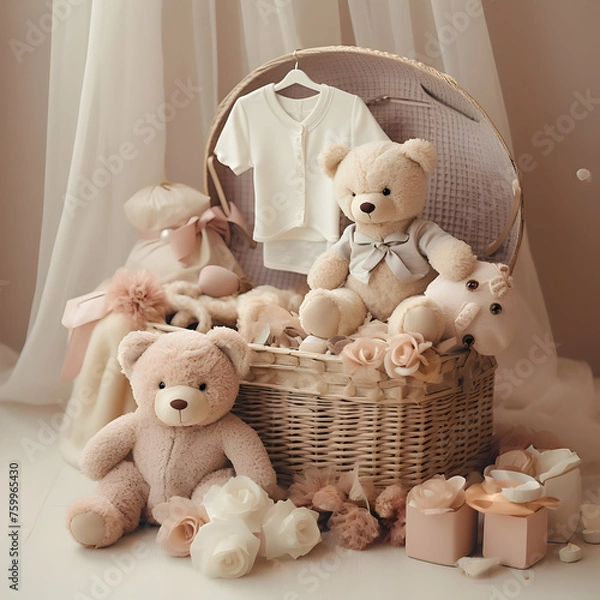 Obraz A basket with baby items, teddy bears, generative ai