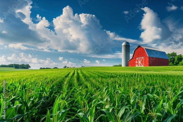 Fototapeta A red barn and silo standing among brightly colored cornfields. The concept of farming and peace, harmony with nature
