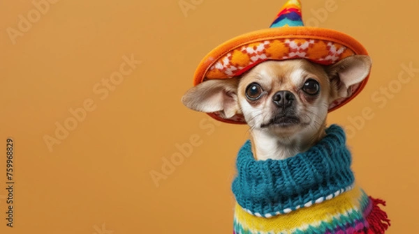 Obraz A Chihuahua in a festive costume including a sombrero and colorful knitted sweater, suitable for Cinco de Mayo festivities or pet fashion marketing
