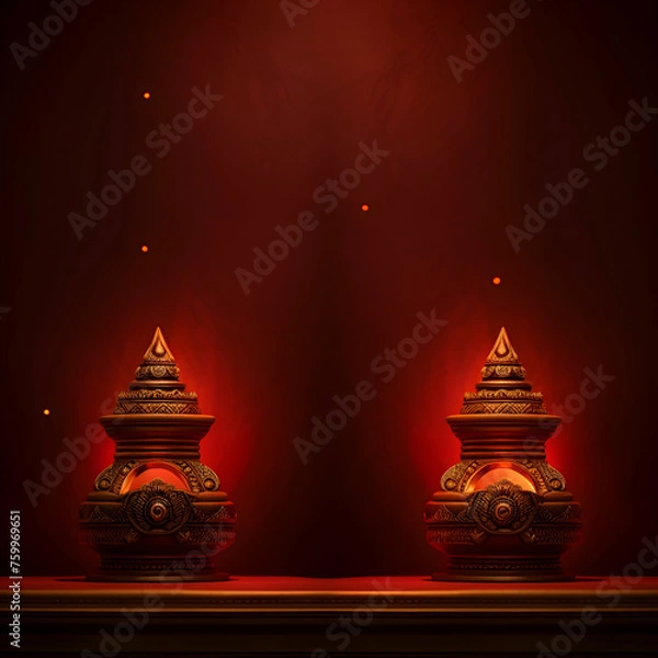 Obraz Lit lamps with red background, diwali, generative ai