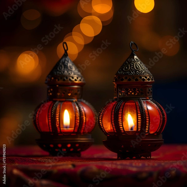 Obraz Two lamps with red background, diwali, generative ai