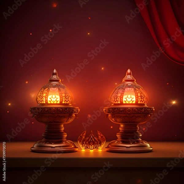 Obraz Two lit lamps with red background diwali, generative ai