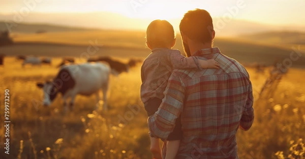 Fototapeta A father holds a small child in his arms in a field with cows. The concept of farming with copy space