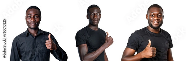 Fototapeta Portrait Collection of black man in black shirt with thumbs-up pose isolated on a white background as transparent PNG
