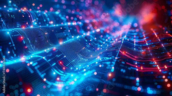 Fototapeta Network and Digital Technology Fusion, Abstract Blue Grid Design