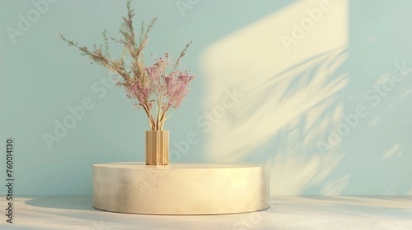 Fototapeta A simple one layer podium for e-comerce. Minimalism, beige, gold, light blue, vibrant colouring. Generated by artificial intelligence.