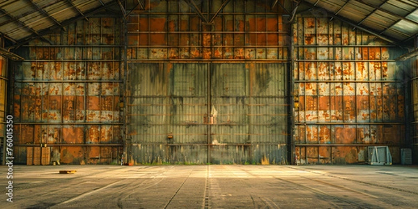 Fototapeta Vintage Metal Doors on an Industrial Building, Rustic and Weathered Warehouse Entrance