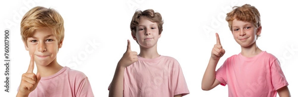 Fototapeta Portrait Collection of young white boy in pink shirt with pointing finger hand pose isolated on a white background as transparent PNG
