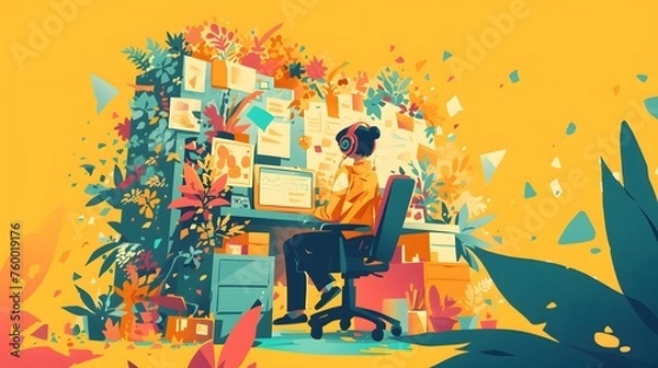 Obraz Illustration of a person working hard in front of the computer. Depict a full of tasks environment.