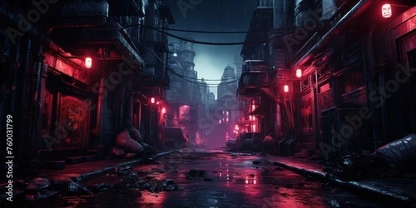Fototapeta Mysterious Dark Alley With Red Lights Generative AI