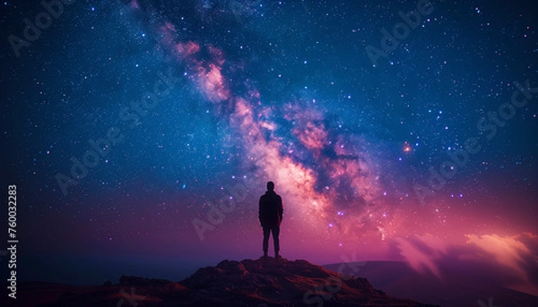 Fototapeta Minimalistic Abstract night sky with a Milky Way arc over a silent observer on a horizon