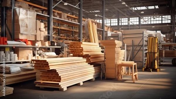 Fototapeta Construction building materials and industrial supplies on display at the store's front.



