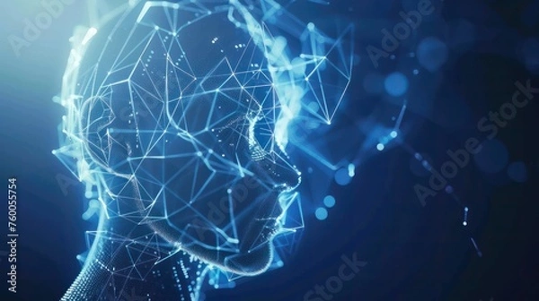 Fototapeta Realistic Artificial intelligence. Computer mind connections head. Human 3D head with circuit board inside. Engineering concept. Technology web background. Virtual concept
