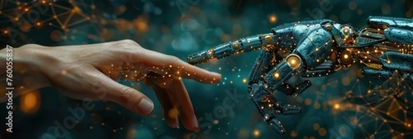 Obraz Realistic Artificial intelligence Robot and human hands touching. Futuristic technology abstract concept for network, big data, data center, server, internet, speed.