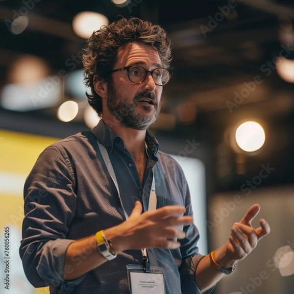 Obraz professional promotional image of a speaker during an IT startup keynote