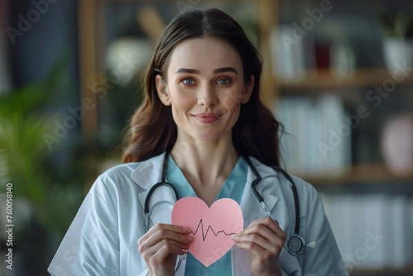 Obraz portrait of female doctor holding a paper heart. health care concept.AI generative.