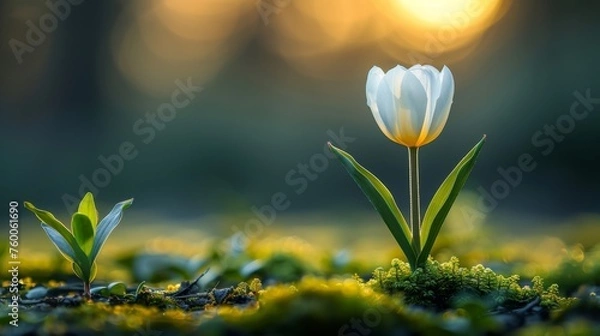 Fototapeta  a couple of white flowers sitting on top of a patch of green grass next to a forest filled with trees.