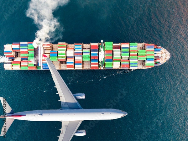 Fototapeta Logistics and transportation of Container Cargo ship and Cargo plane, logistic import export and transport industry background 