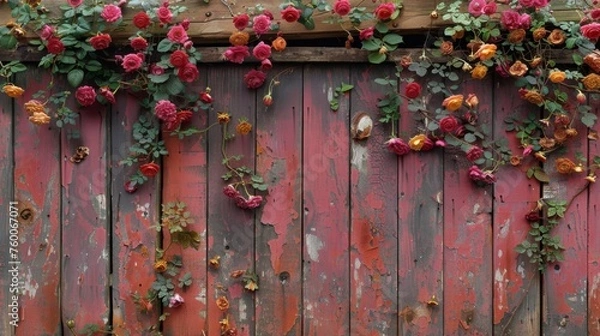 Fototapeta  a wooden fence with a bunch of flowers growing up the side of it and a bunch of leaves on the top of the fence.