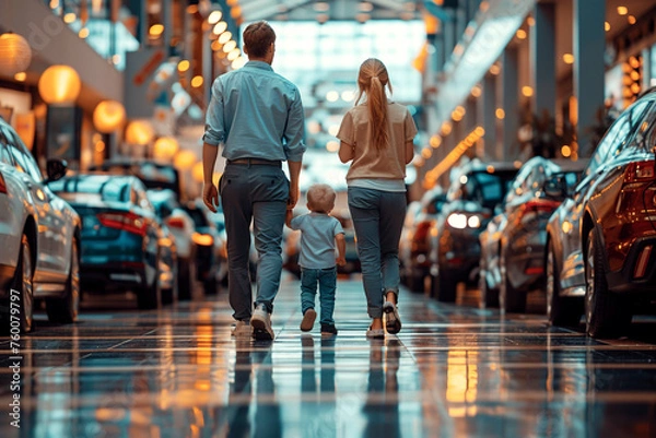 Fototapeta  family is seen from behind walking through a car dealership's glistening showroom, hand in hand, with rows of new cars lining either side under the warm glow of stylish lights.