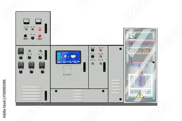 Fototapeta Electric Control Panel. Production control panel and control of computer devices. 