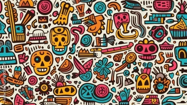 Fototapeta A vibrant, multicolored doodle art brimming with abstract shapes and playful motifs in a whimsical style