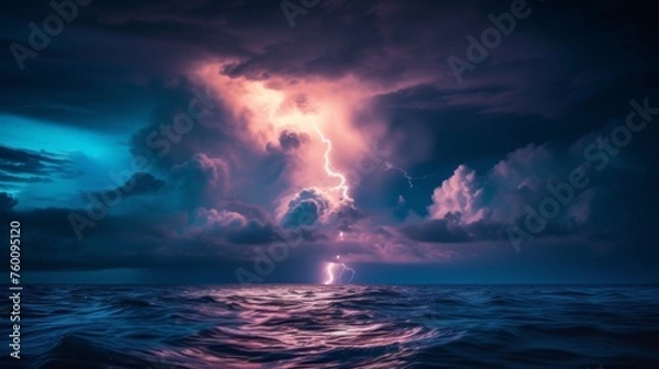 Fototapeta This spectacular image showcases the raw power of nature with a lightning bolt illuminating the dark ocean beneath tumultuous clouds