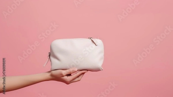 Fototapeta hand holding a makeup bag on a pink background