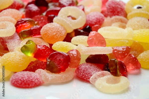 Fototapeta Lots of colorful candies made of jelly and various fruits, background and texture