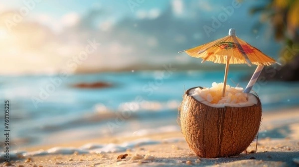 Fototapeta A coconut-flavored beer in a coconut shell cup, decorated with a mini umbrella and a straw, placed on a sandy beach background
