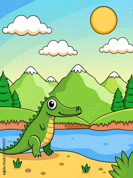 Fototapeta A fearsome crocodile lurks in the shadows of a lush tropical landscape.