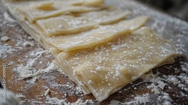Fototapeta Close up pieces of dough divided with flour before cooking on the stone table. AI generated image