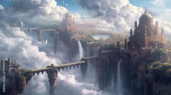 Fototapeta An awe-inspiring digital painting features a grand city with bridges and architecture among the clouds