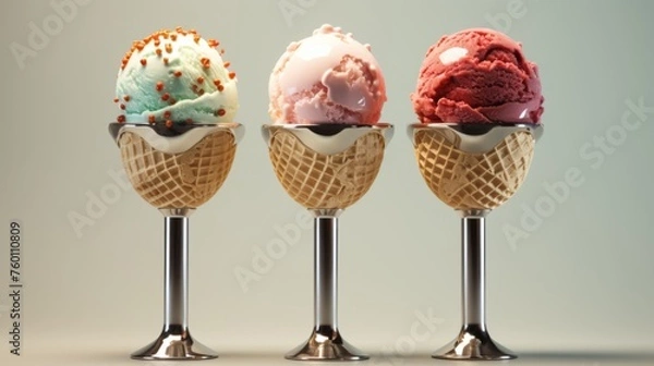 Fototapeta Mint chocolate, strawberry, and classic strawberry ice creams in crisp waffle cones with colorful toppings on a gradient background