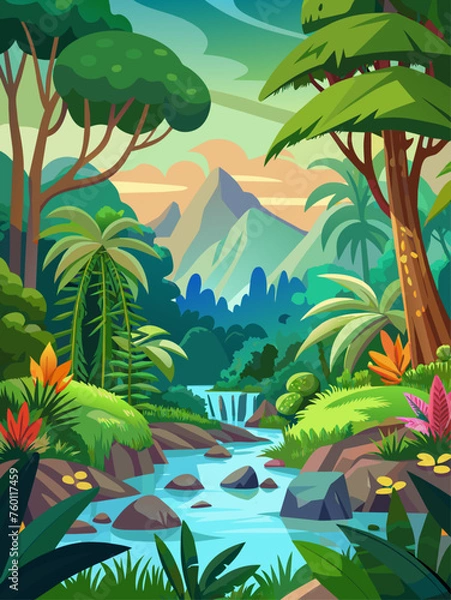 Fototapeta Tranquil jungle landscape with lush greenery, towering trees, and a serene river.