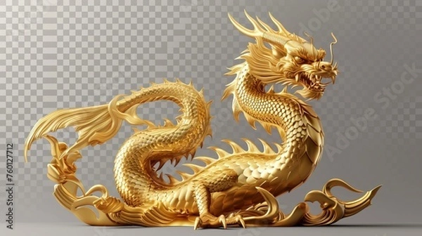 Fototapeta A powerful image featuring an imposing 3D golden dragon situated on a transparent grid, reflecting modern digital art styles