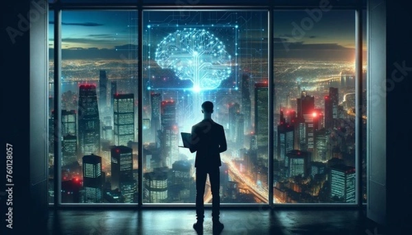 Fototapeta Super powered genius artificial intelligence working on big data digital transformation