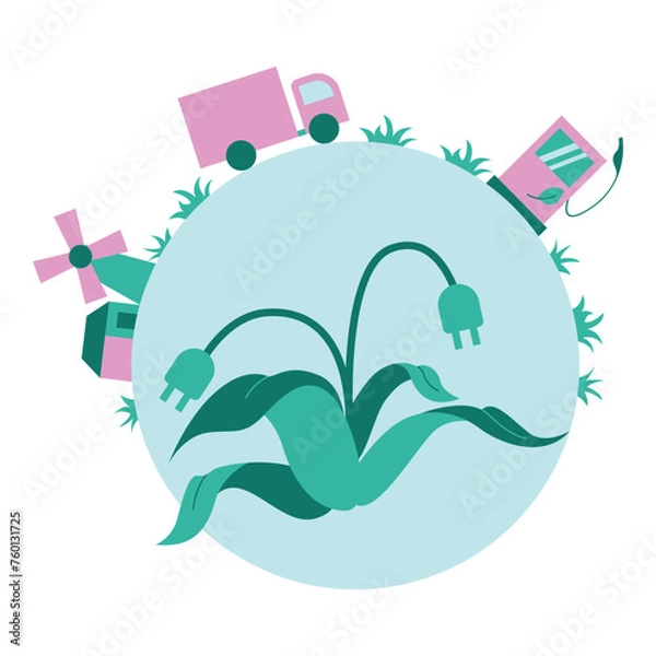 Fototapeta Ecology concept of green energy. Vector illustration in flat style with green energy theme. Editable vector illustration.