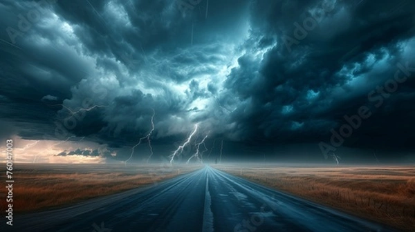 Fototapeta The image captures a deserted road leading into the intense storm with lightning streaks over a dramatic prairie landscape