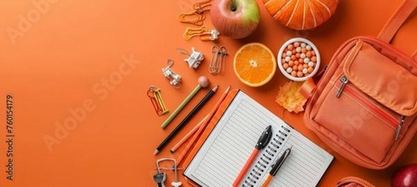 Obraz School bag essentials  stationery supplies banner design on orange background with space for text