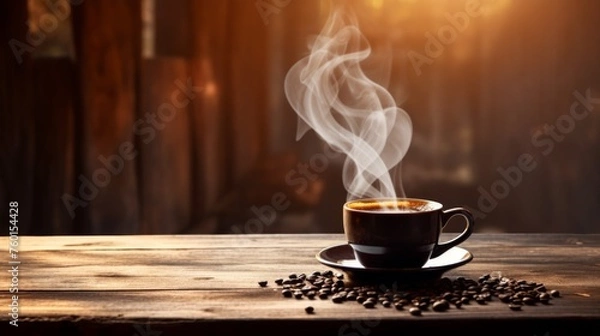 Obraz Sunlight casts a soft glow on a hot cup of coffee, with steam spiraling upwards