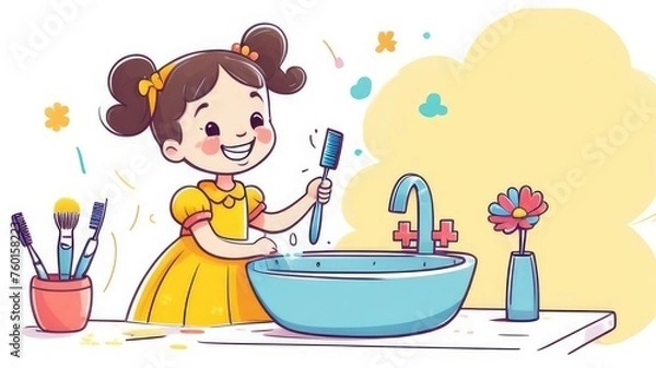 Fototapeta a girl in a yellow dress brushes her teeth in the bathroom. Self-care, health and beauty concept.