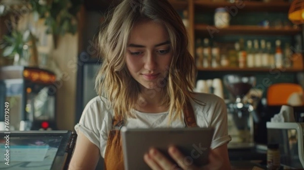 Fototapeta Portrait of a happy coffee shop worker with a tablet