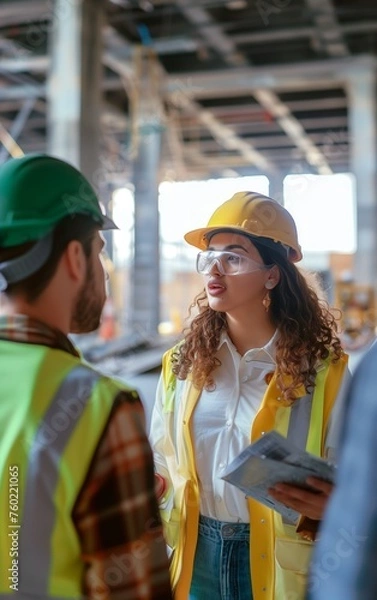 Obraz Female Engineer Explaining Data Technical Meeting Inside Manufacturing Site.
