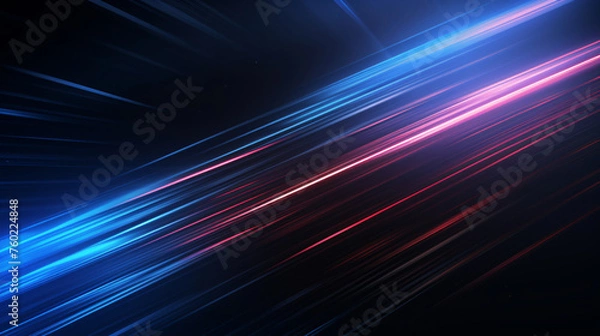 Fototapeta Lights and stripes moving fast on dark background, futuristic technology colorful background