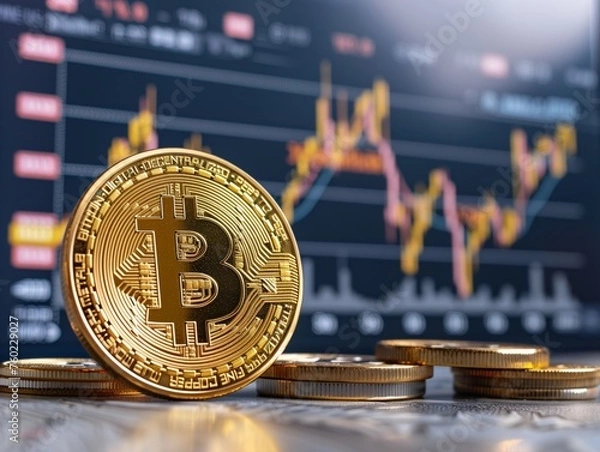 Obraz Bitcoin cryptocurrency coins symbolizing modern digital investment trends against a financial graph.