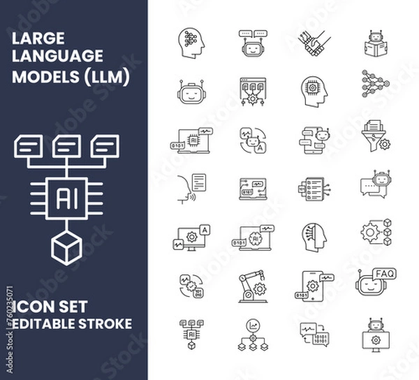 Obraz Simple Vector Black Outline AI Icons for Large Language Models (LLMs).Futuristic Large Language Model Icons. Text generation icon. Natural Language Conversation icon set. 