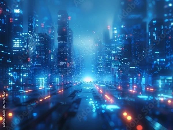 Obraz Blur image to use as background of The cityscape comes alive at night with a cybernetic glow, lights and reflections create a sense of futuristic vibrancy.